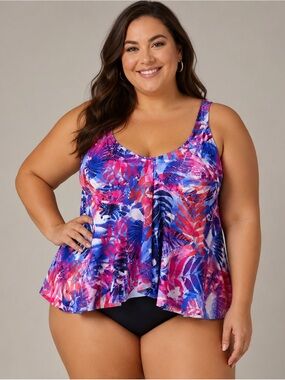 Swimsuits for All Flowy Tankini Swimsuit Top Pink tropical Print size 22